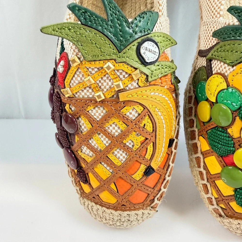 Tory Burch Fruit Espadrille Shoes 7.5* Tan Multi Leather Applique Beaded 82821